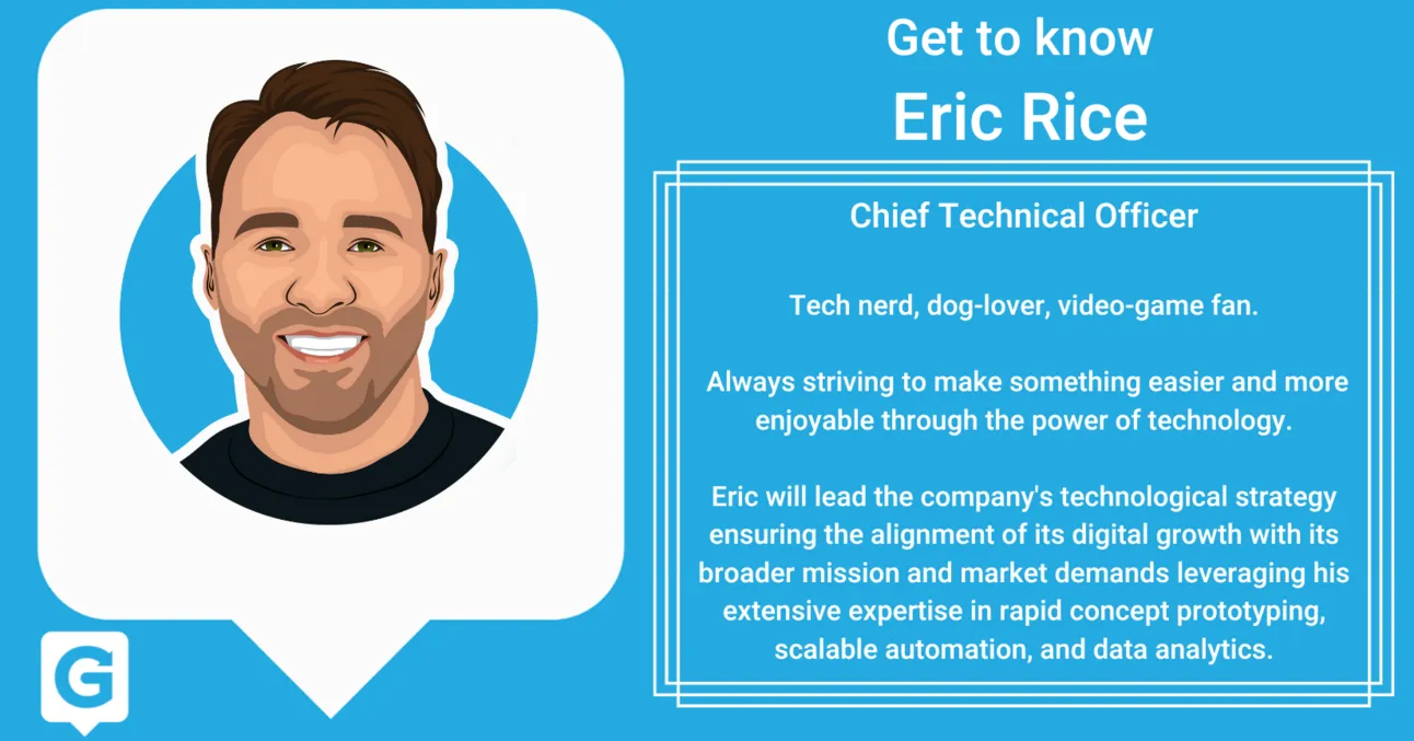 Guru "Get to know Eric Rice" card with an illustrated portrait of the new CTO and his focus on rapid prototyping, automation and data analytics.