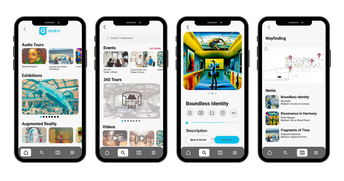 Four phone screens of the redesigned Guru app: audio tour home, search with events and 360 tours, an artwork audio player, and a wayfinding map.