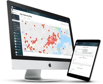 Desktop and tablet showing Guru's analytics dashboard: an App Opening Map dotted with red pins across a city, plus download trend charts.