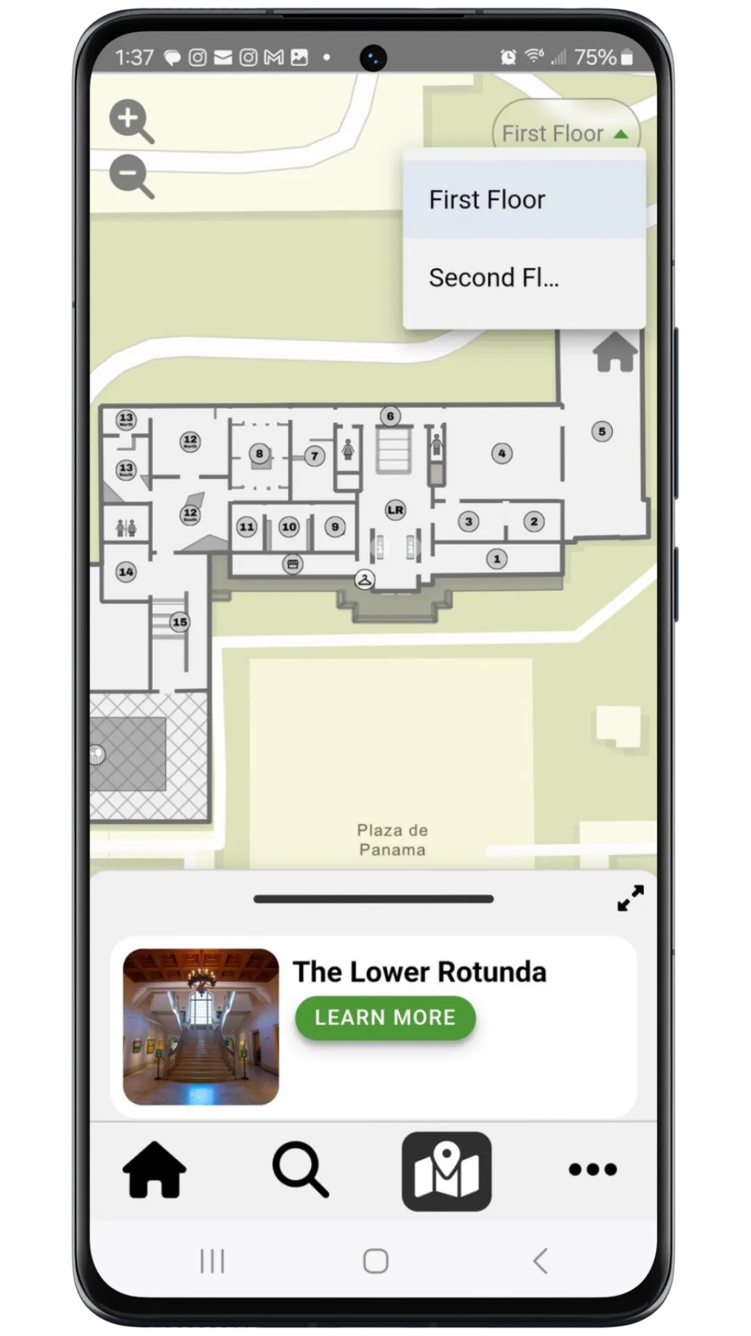 Numbered gallery floor plan drawn over a GPS map of Plaza de Panama, with an open floor picker list and a Lower Rotunda info card below.