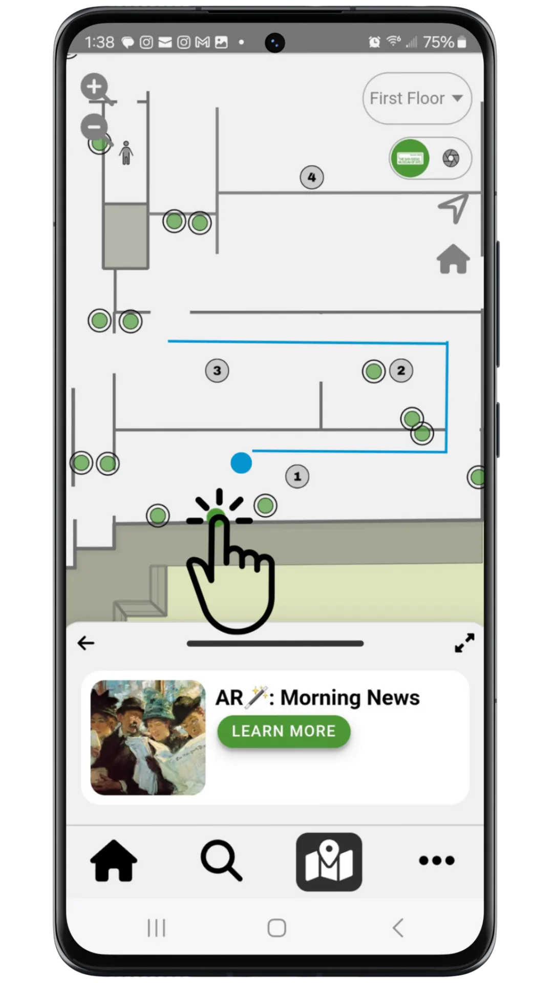 Phone map of a museum's first floor with numbered galleries and green content dots; tapping one opens an AR Morning News card with a Learn More button.