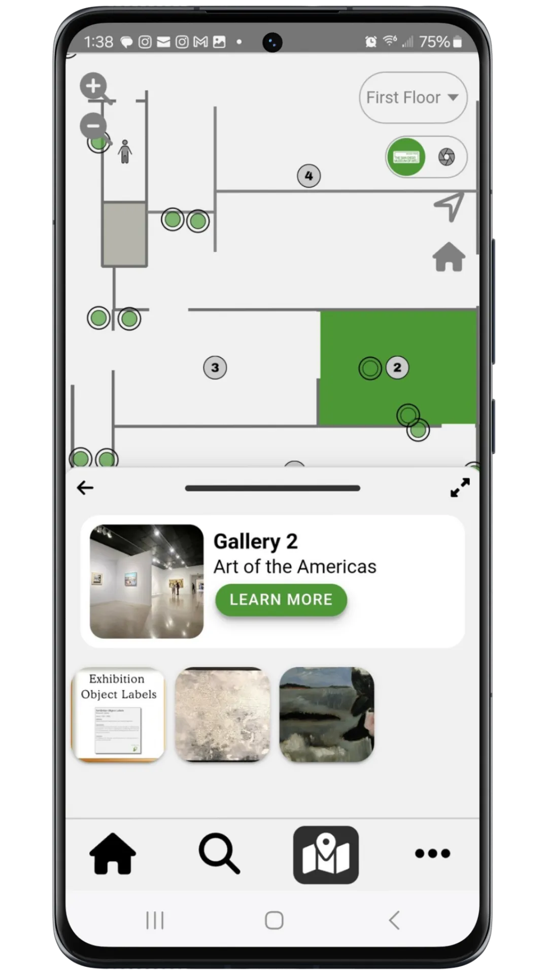 Phone floor plan with a First Floor selector, numbered rooms and green content dots, plus a Gallery 2 Art of the Americas panel and object thumbnails.