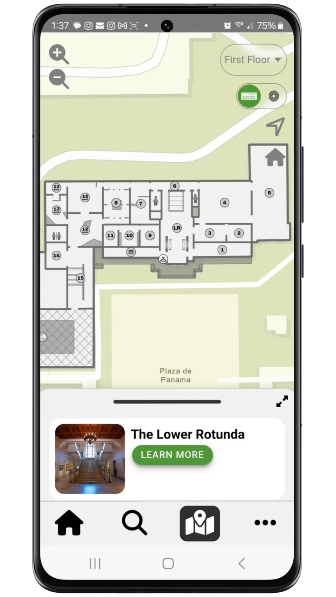 San Diego Museum of Art first-floor plan on a phone, galleries numbered 1 to 15, a First Floor selector, and a Lower Rotunda detail card.