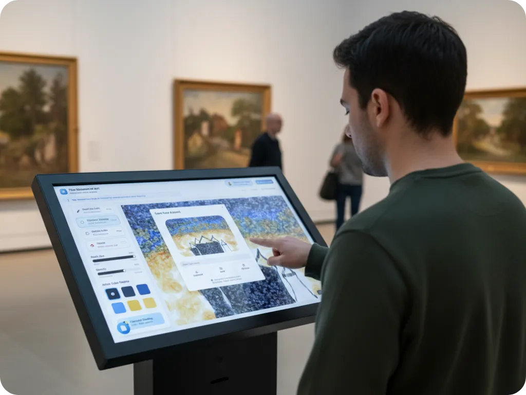 Visitor at a gallery touchscreen using Guru's drawing tool, with brush sliders and color swatches beside an artwork in a post-impressionist style.