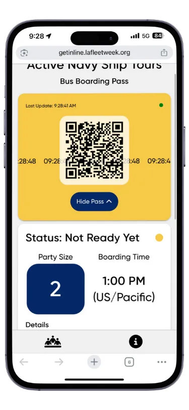 Phone showing an LA Fleet Week digital queue pass for Navy ship tours: a scannable QR code, party size of two, and a 1:00 PM boarding time not ready yet.