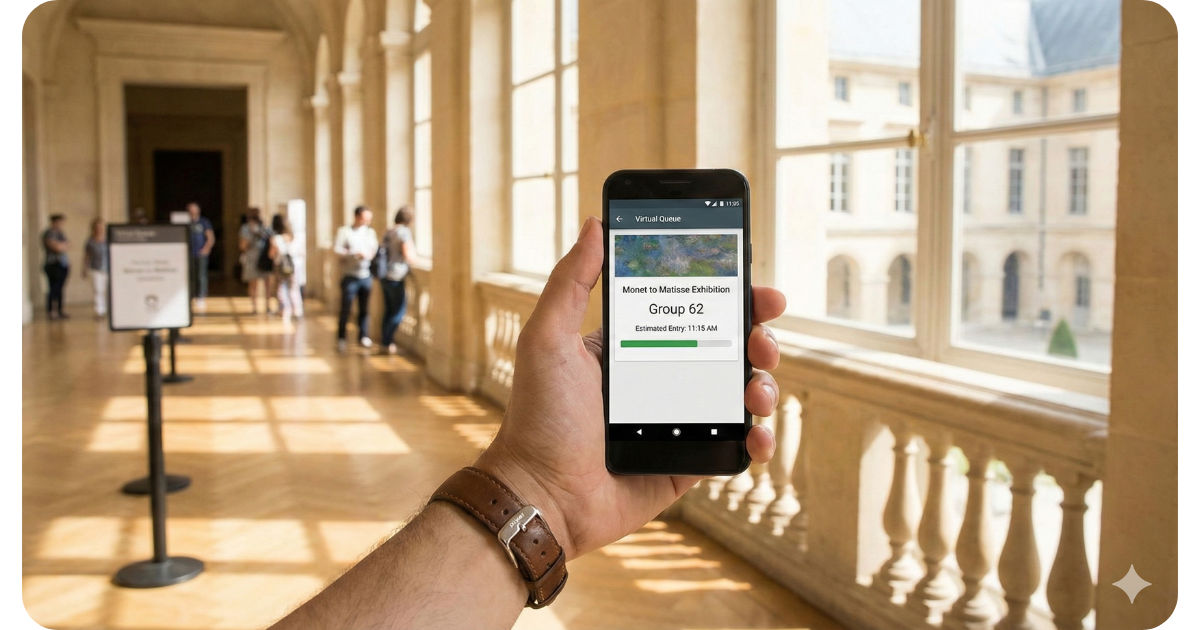 Illustration of the Guru digital queue, opening a post on cutting long entry lines while keeping visit time short.