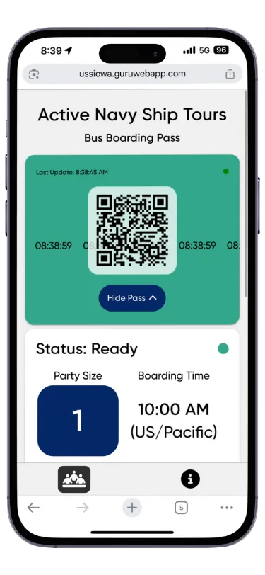 Phone showing a green Active Navy Ship Tours boarding pass with QR code, status Ready, party of one and a 10:00 AM boarding time.