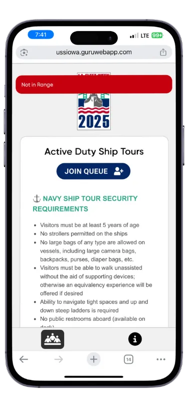 Phone browser showing the LA Fleet Week 2025 ship tour queue page with a red Not in Range banner, a Join Queue button and Navy tour security requirements.