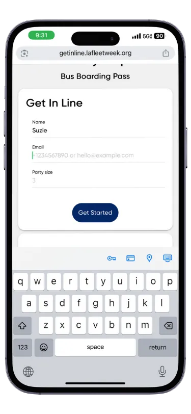 Phone browser on getinline.lafleetweek.org showing the Get In Line form with name, email, and party size fields above a Get Started button.