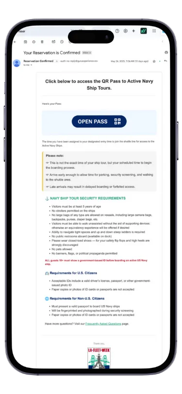 Phone showing a reservation confirmed email for Active Navy Ship Tours with an Open Pass QR button, arrival notes and boarding ID requirements.