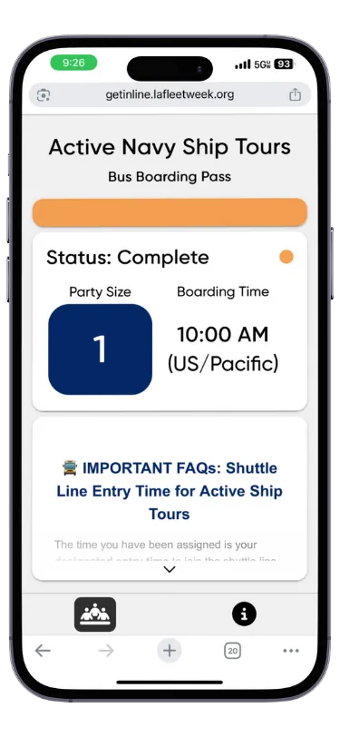 Phone showing a completed LA Fleet Week digital queue pass for one guest, with a 10:00 AM boarding time and shuttle line FAQs below.