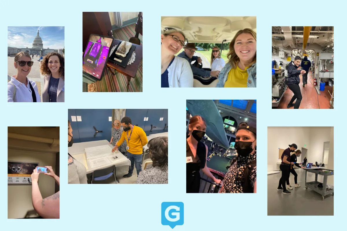 Collage of Guru team travel snapshots: staff at the US Capitol, testing tablets beside artifacts, riding a tour cart, and inside ship and aircraft exhibits.