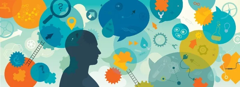 Illustration of a head in profile ringed by colorful bubbles full of gears, question marks, magnifiers and lab icons, evoking data-driven thinking.