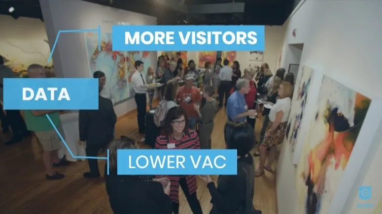 Busy gallery reception overlaid with the labels Data, More Visitors, and Lower VAC, previewing the webinar's visitor engagement themes.