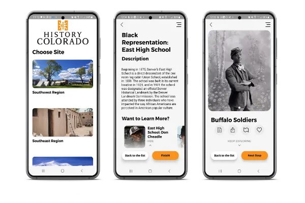 Three phone screens of the History Colorado app: a regional site chooser, a Black Representation at East High School stop, and Buffalo Soldiers.