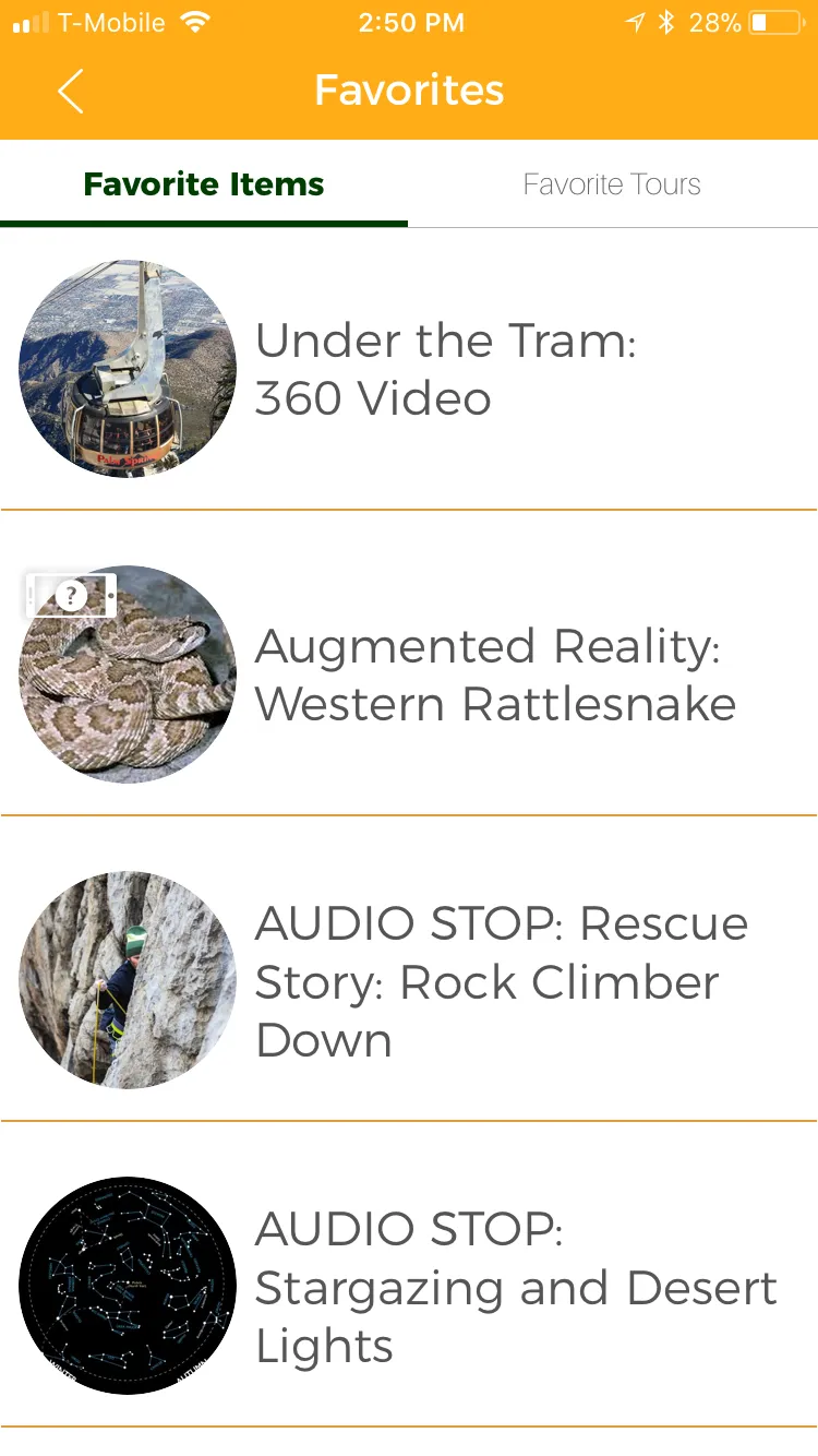 Palm Springs Aerial Tramway app Favorites list holding an Under the Tram 360 video, a Western Rattlesnake AR experience and two audio stops.