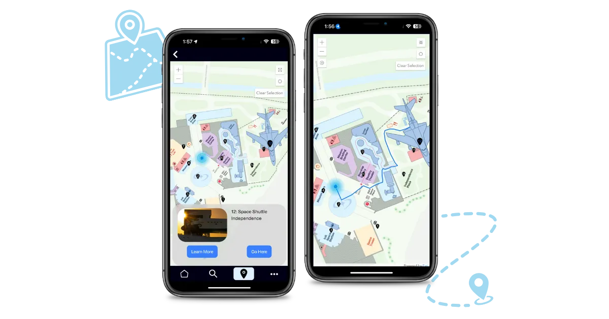 Two phones show a campus map with a glowing blue location dot, numbered content pins, a Space Shuttle Independence card, and a Go Here walking route.