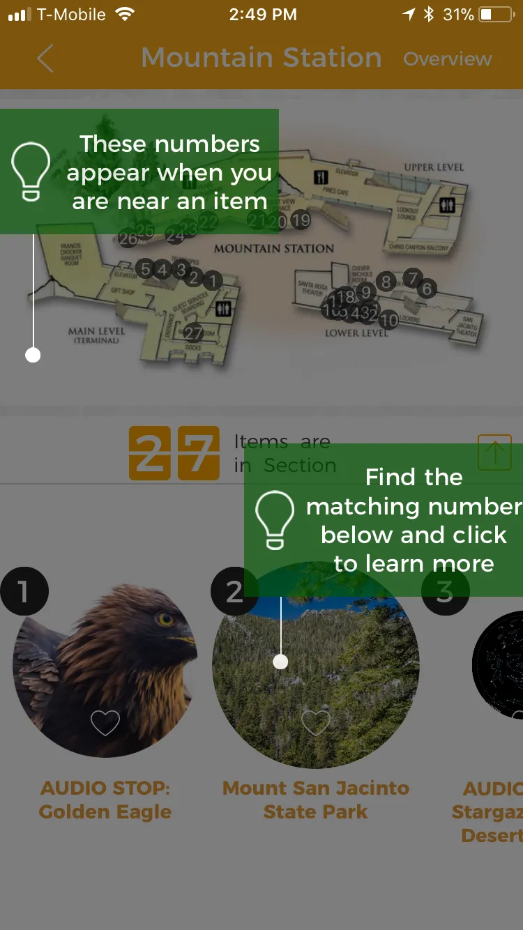 Palm Springs Aerial Tramway app Mountain Station screen with a numbered station map, tip callouts, and audio stops for a golden eagle and Mount San Jacinto.