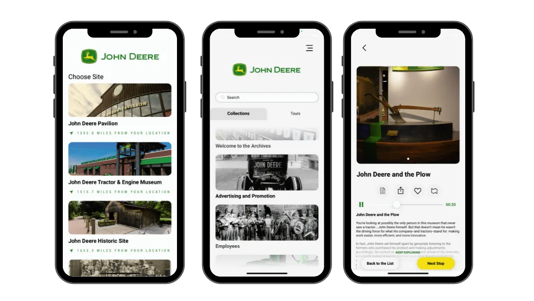 Three screens from a Guru Museum app of John Deere: a site picker listing distances, a collections and tours browser, and the John Deere and the Plow audio stop.