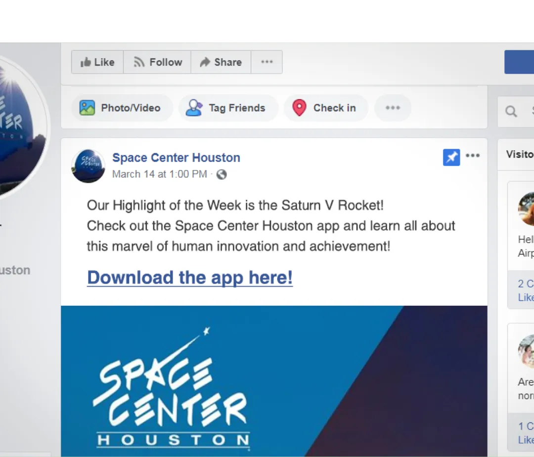 Facebook post from Space Center Houston naming the Saturn V rocket its Highlight of the Week, with a Download the app here link below the text.