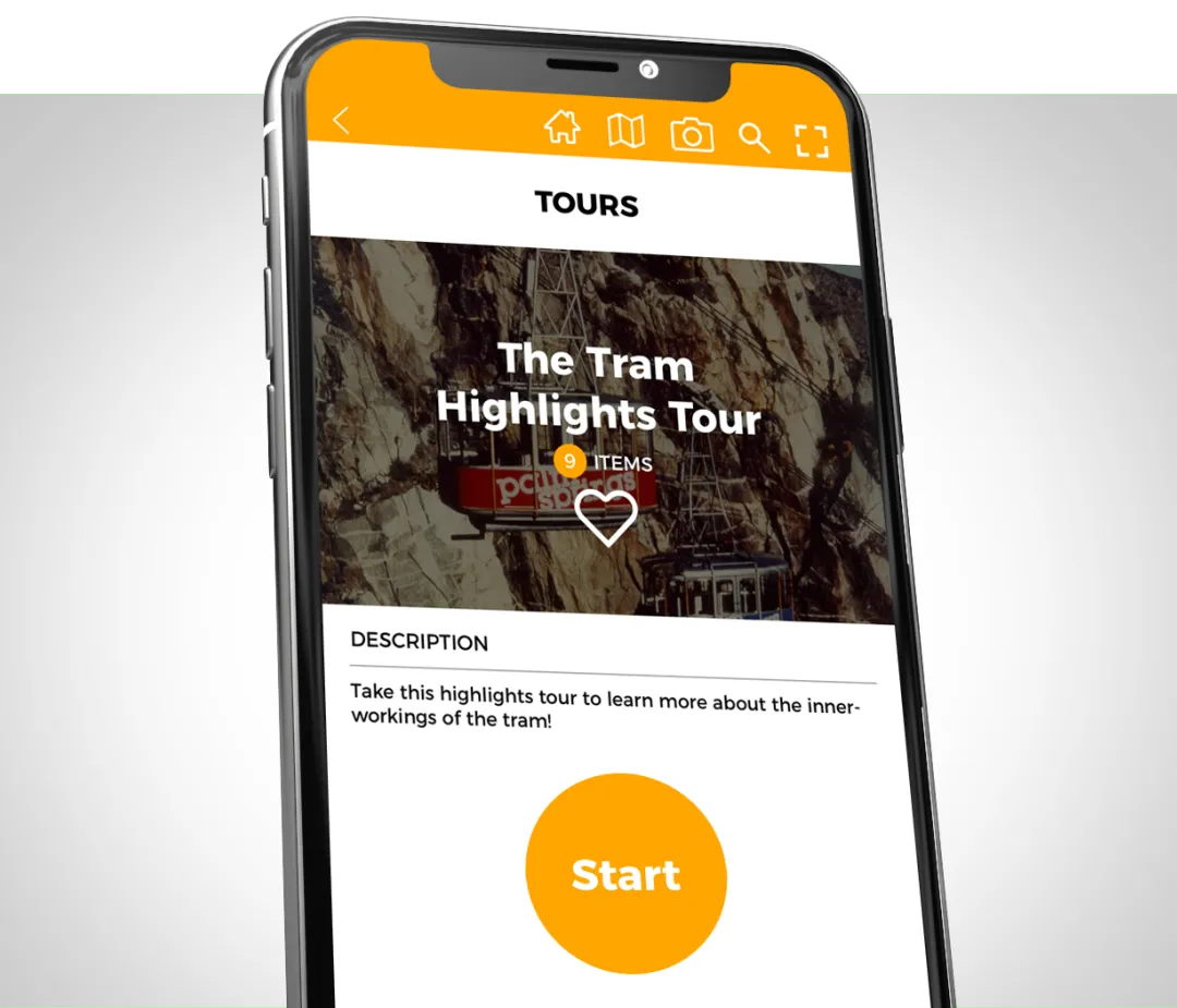 Tilted phone on the app's Tours screen showing The Tram Highlights Tour, nine items, a short description and a large orange Start button.