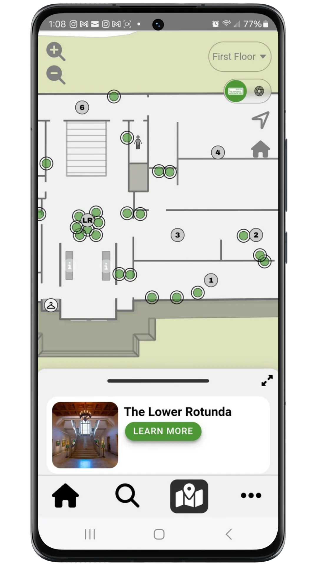 First floor plan dotted with markers for individual artworks, plus a compass, home button and a Lower Rotunda card with a Learn More link.