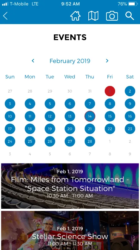 Space Center Houston app events calendar for February 2019, with dated cards for a Miles from Tomorrowland film and the Stellar Science Show.
