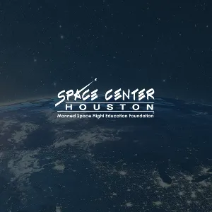 Space Center Houston logo with Manned Space Flight Education Foundation beneath it, set over a view of Earth from orbit.