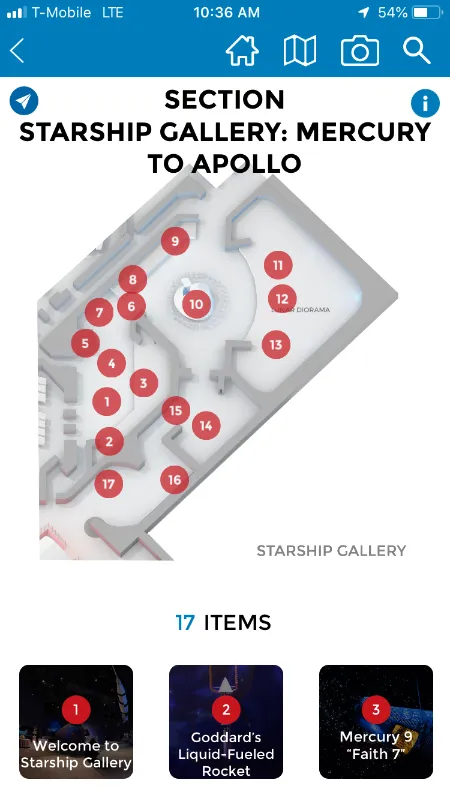 Space Center Houston app map of the Starship Gallery, Mercury to Apollo, with 17 numbered stops and preview cards for the first exhibits.