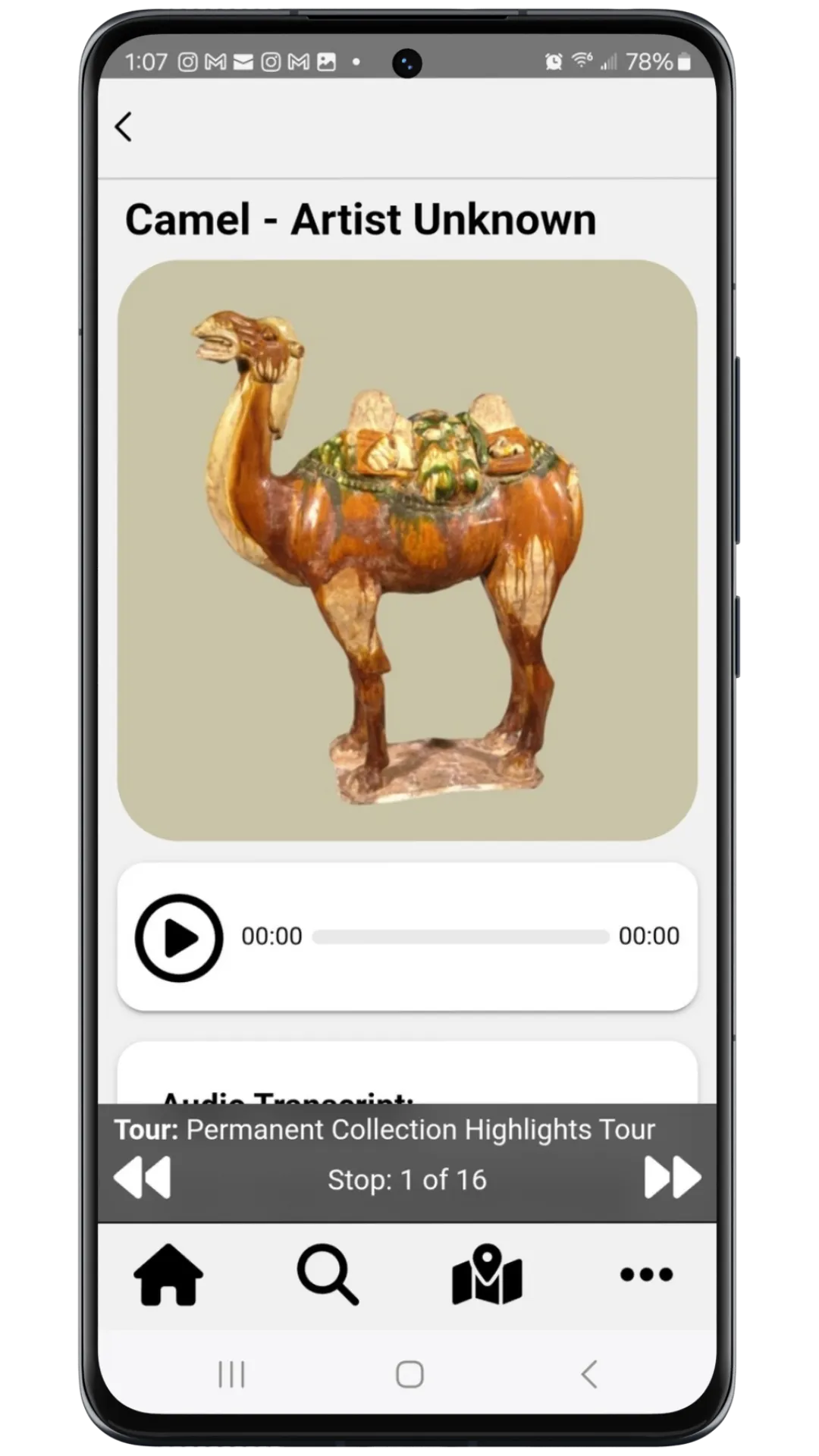 Phone showing a glazed ceramic camel tour stop with an audio player and transcript, plus a persistent bar reading Permanent Collection Highlights Tour, stop 1 of 16.