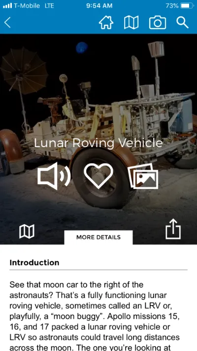 Space Center Houston app screen for the Lunar Roving Vehicle with audio, photo and favorite buttons above an introduction to the Apollo moon buggy.