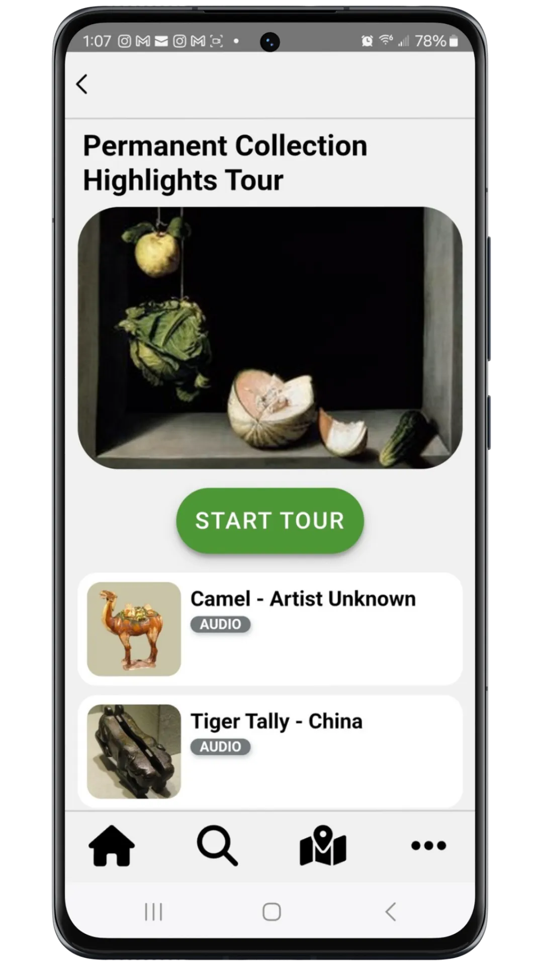 Permanent Collection Highlights Tour screen with a green Start Tour button above audio stops for a Camel figure and a Tiger Tally from China.