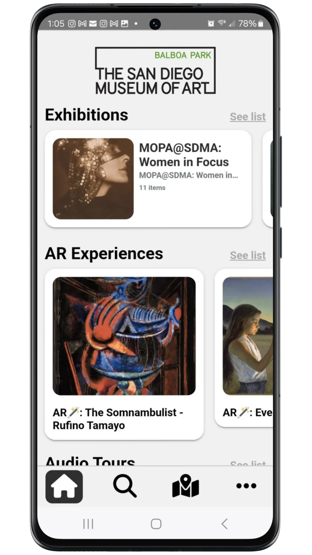 San Diego Museum of Art app home screen with rows for Exhibitions, AR Experiences including Tamayo's The Somnambulist, and Audio Tours.