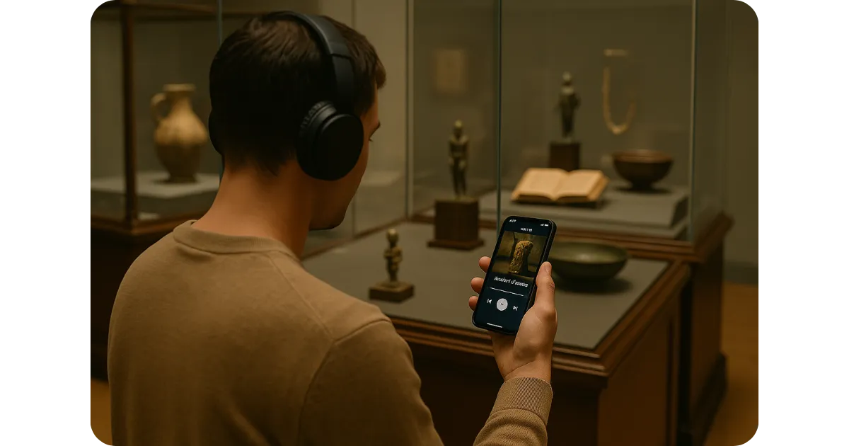 Visitor in over-ear headphones facing a lit case of antiquities while the phone in his hand plays an audio stop for the object in front of him.