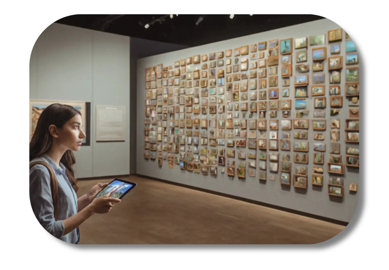 A young visitor holding a tablet studies a gallery wall packed with hundreds of small framed paintings while using the app to explore.