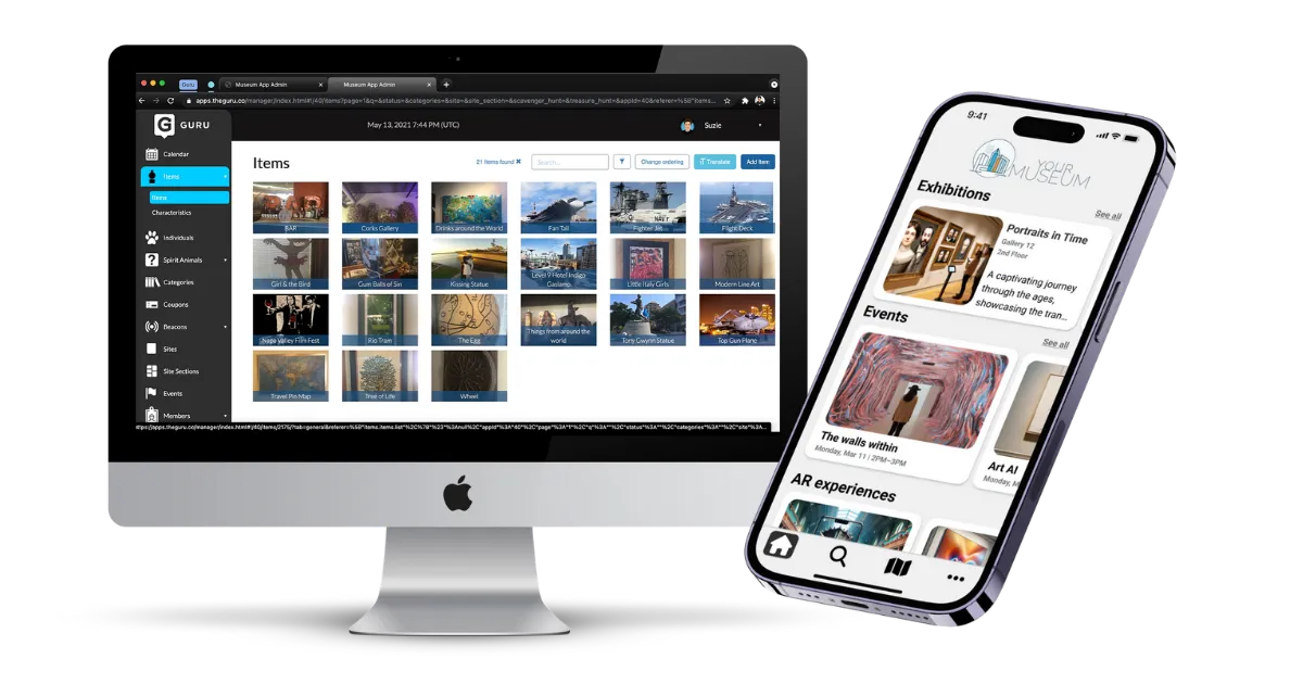 Guru's CMS item grid open on a desktop beside a phone showing a museum's own branded app home screen with exhibitions, events and AR experiences.