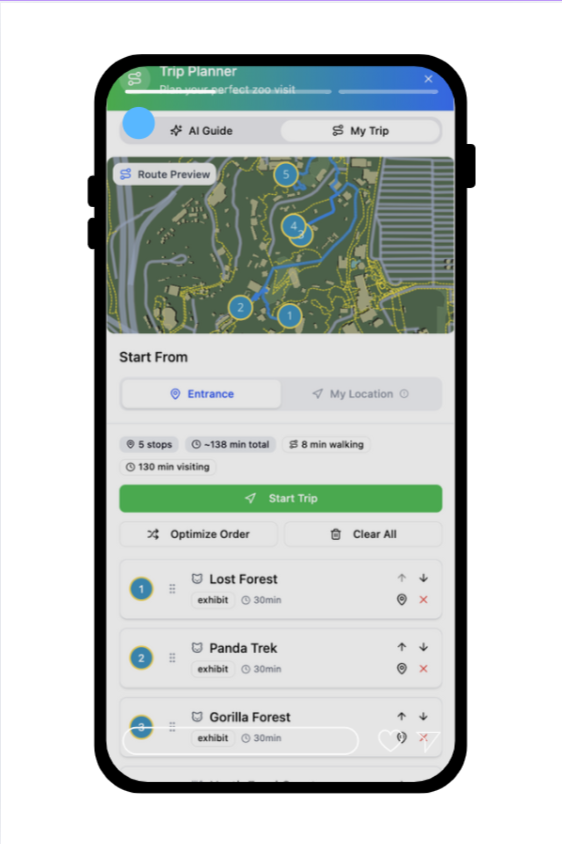 Guru zoo app map screen showing blue-dot navigation with step-by-step walking directions between exhibits.