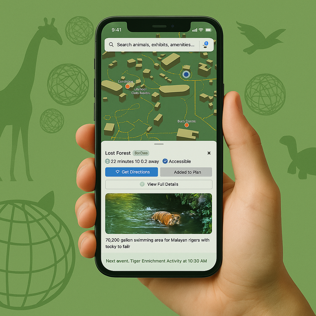 Guru zoo app screen showing the built-in itinerary builder used to plan a visit around chosen animals and attractions.