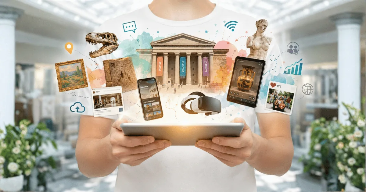 Person holds a tablet with laptops, phones and drawn icons for gears, charts, a lightbulb and a brain floating around it, standing for digital transformation.