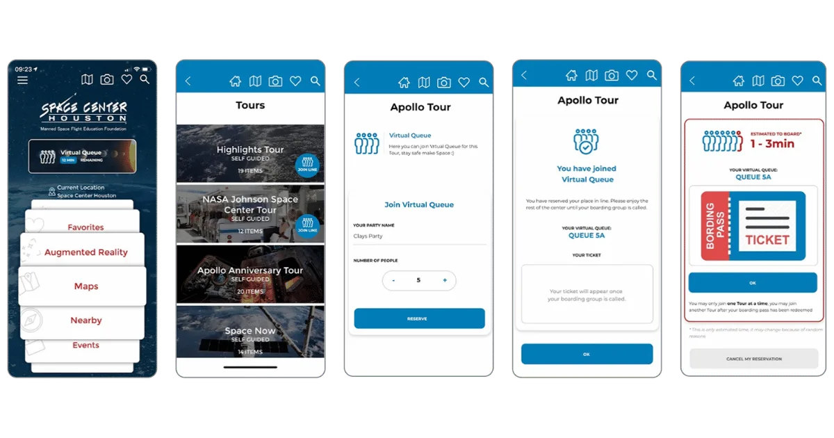 Guru digital queue app for joining a tram line virtually at Space Center Houston: tour list with Join buttons, a party name and size form, and a booking confirmation.