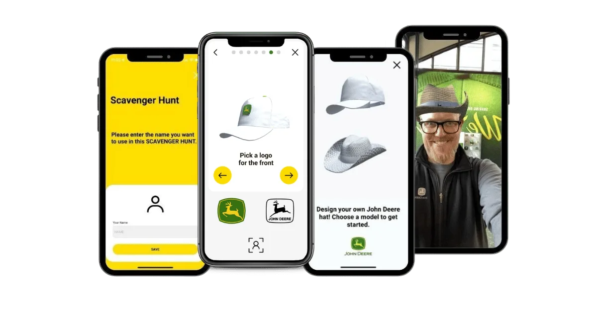 Phone screens from the Guru Museum app of John Deere app: scavenger hunt sign-in, a build your own hat picker, and an AR selfie of a visitor wearing a virtual straw hat.