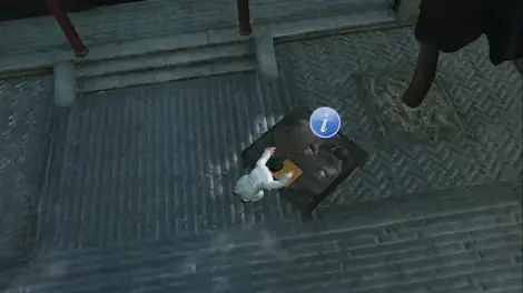 Animated 3D Ming courtyard seen in augmented reality: a figure in white robes sits at a low table in a paved courtyard, a blue information icon floating above it to tap.