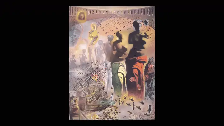 Salvador Dali's The Hallucinogenic Toreador animating in augmented reality, the painting's hidden faces and figures shifting into view.
