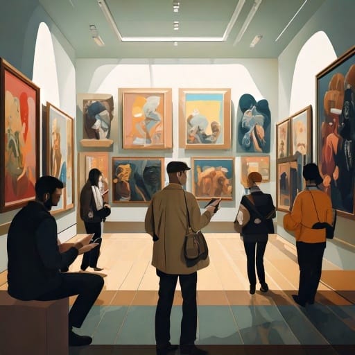 Illustration of gallery visitors moving between framed artworks, several looking at their phones as they read about what is in front of them.