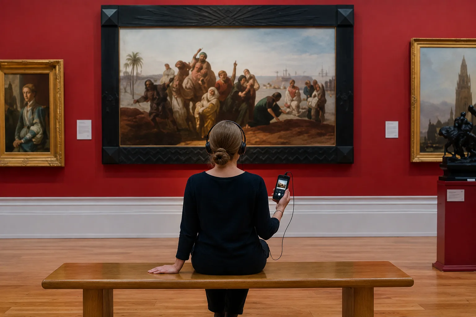 Museum visitor seated on a wooden bench, listening to an audio tour on a mobile device while viewing a large painting in a red-walled gallery.