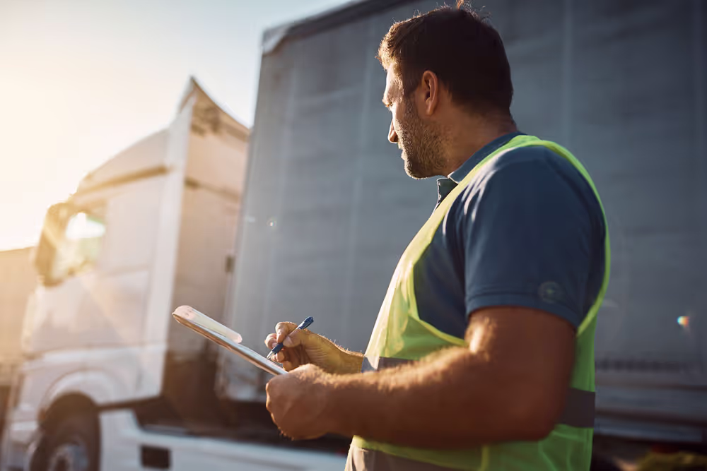 A man stands next to a truck with a clipboard