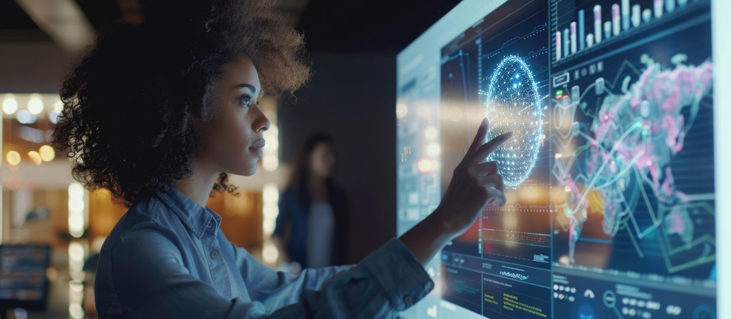 Uma mulher está utilizando uma interface de tela sensível ao toque de ponta com tecnologia inovadora