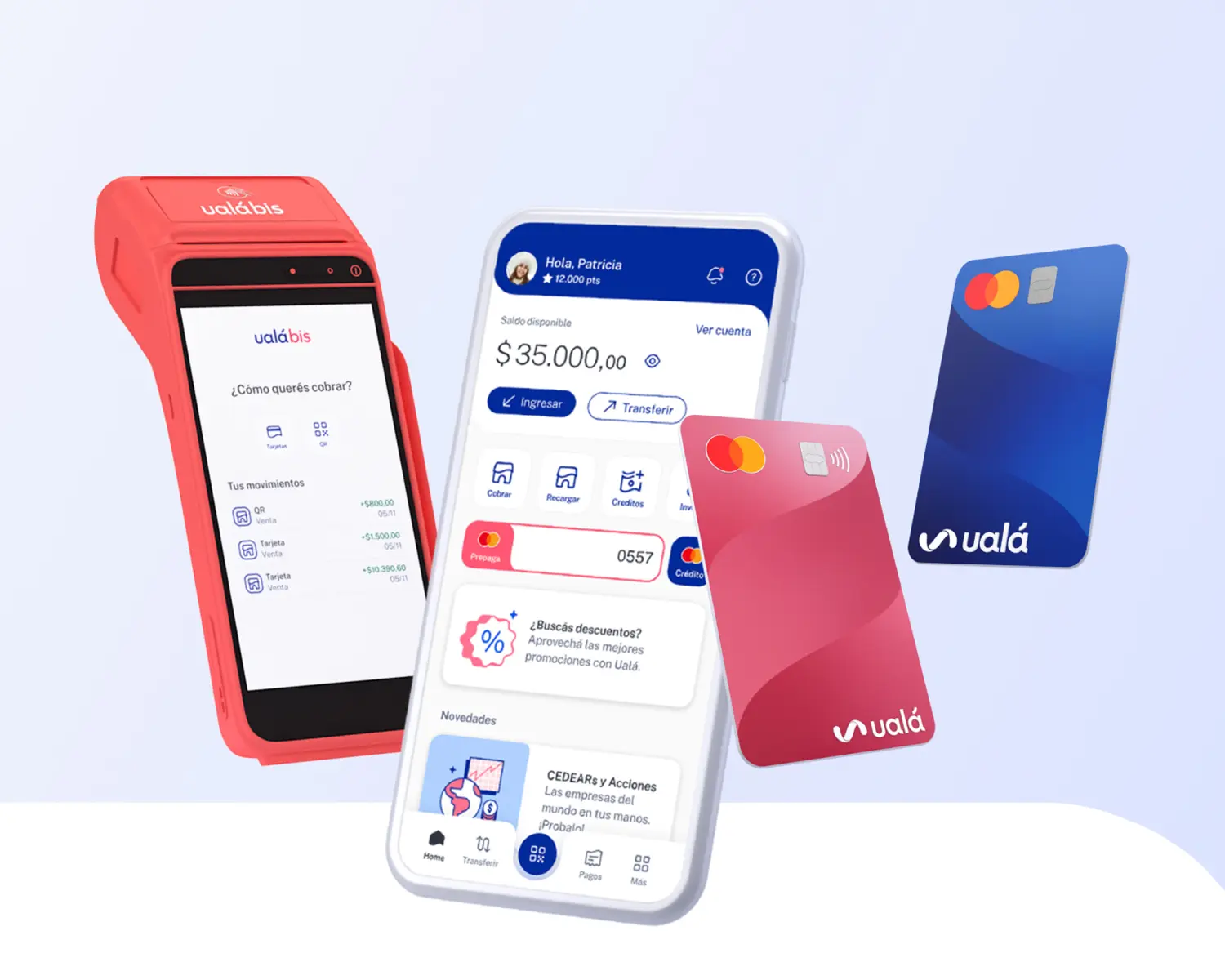 Dois cartões de credito da Ualá, uma captura da tela inicial da conta da Ualá e uma maquinha de pagamento da mesma empresa