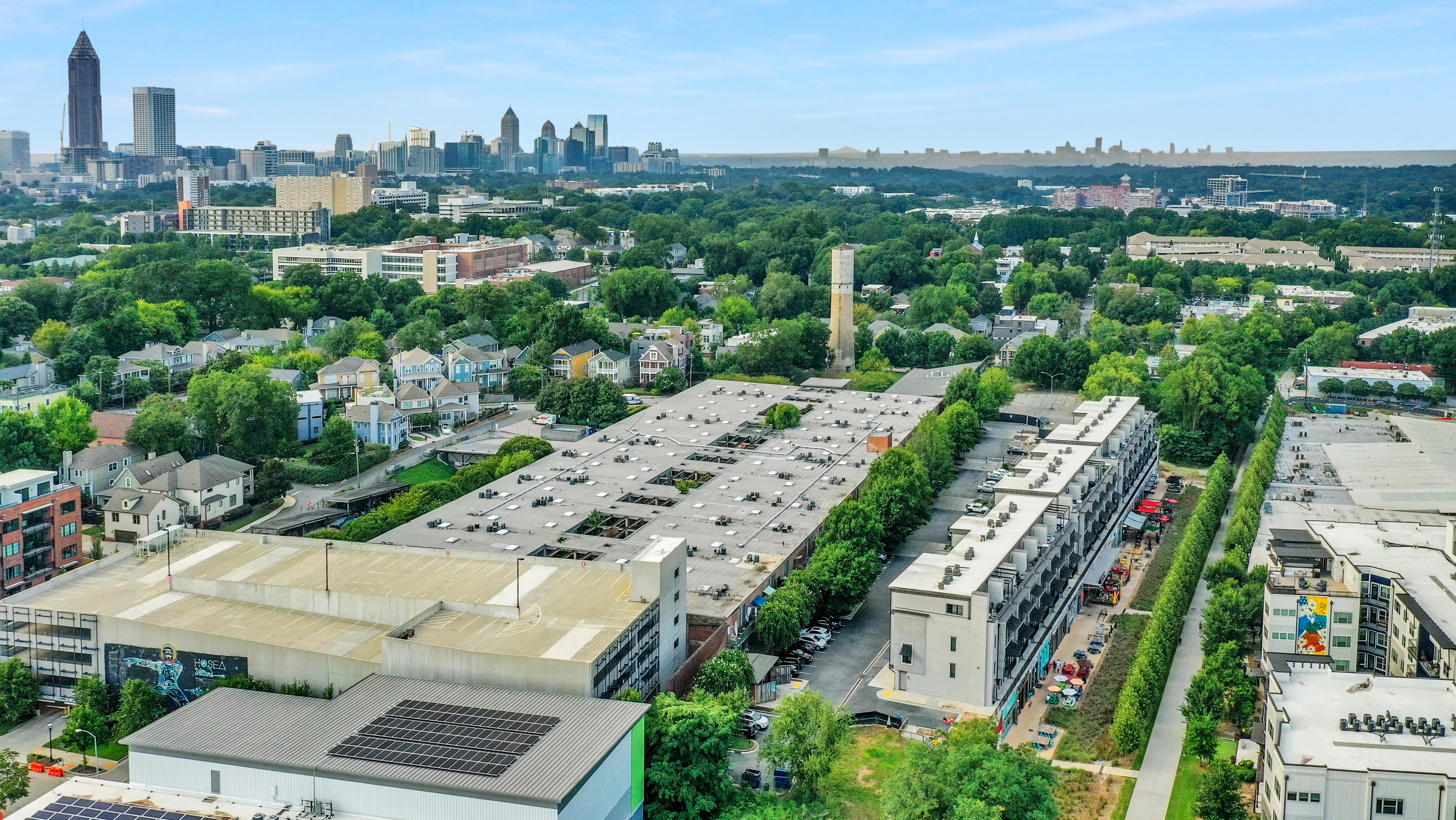 aerial image of several buildings and the ATL Beltline