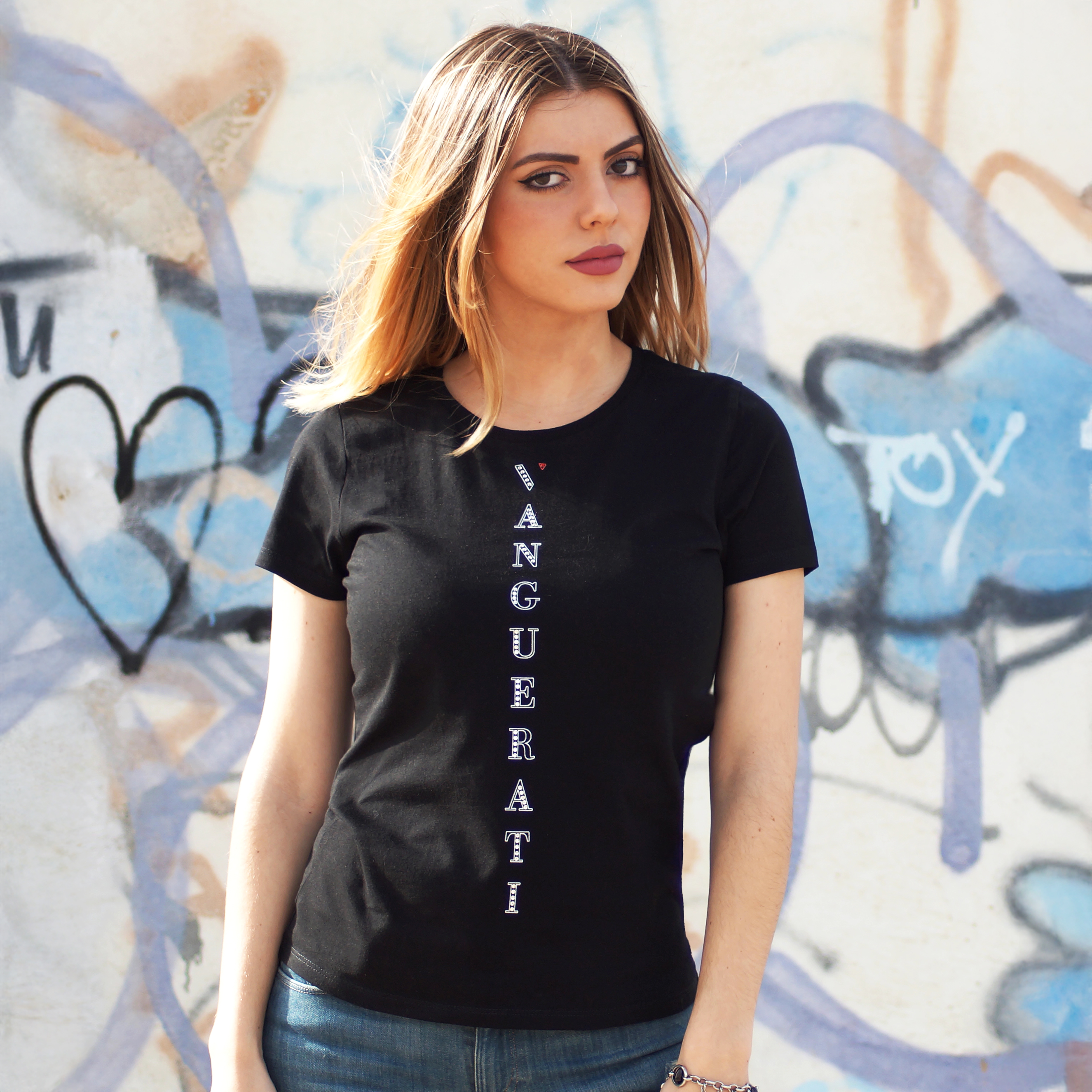 Vertical Swarovski front black narrow T-shirt